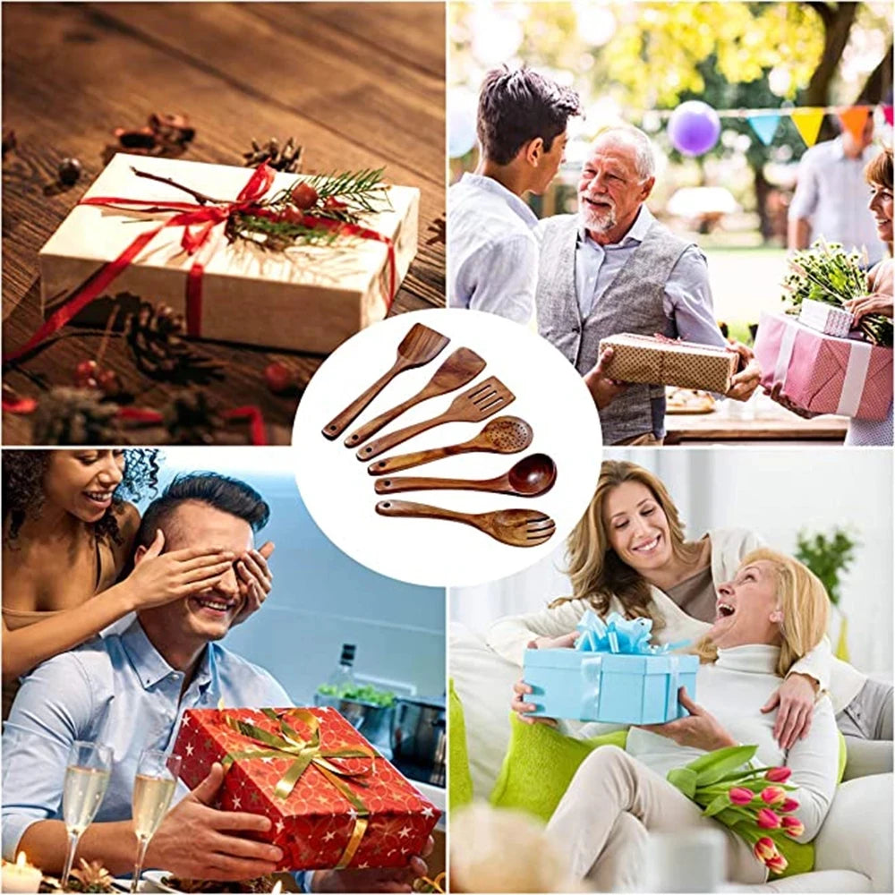 1–10PCS Teak Wooden Cooking Spoons – Smooth Non-Stick Wooden Utensils Set for Kitchen Cooking