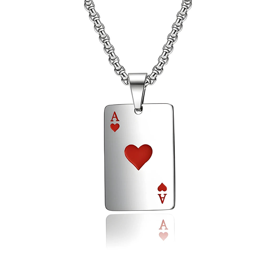 Hip Hop Poker Card Necklace – Stainless Steel Ace of Spades & Hearts Pendant Chain for Men