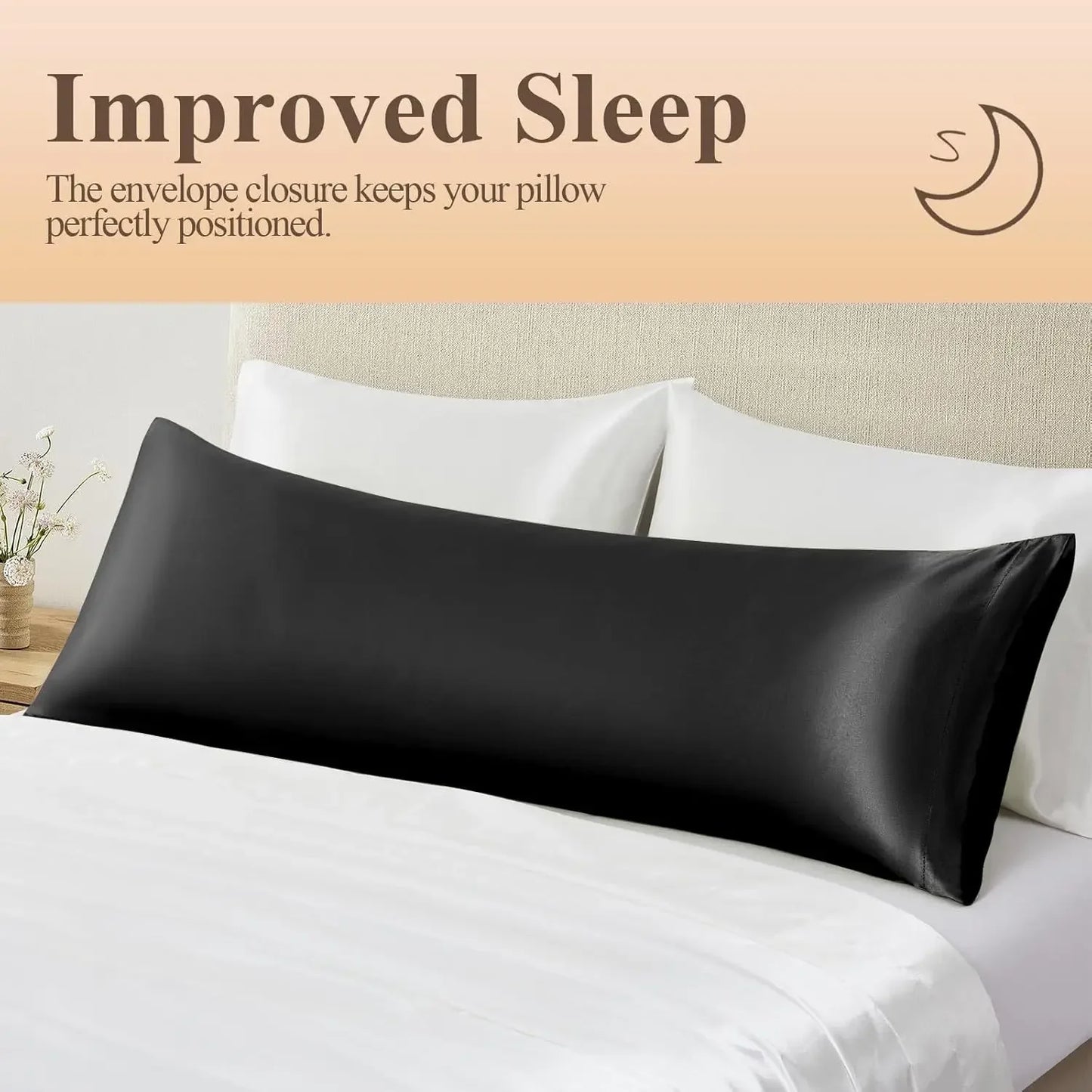 Black Silk-Like Satin Pillowcase – Standard Size Smooth Cooling Pillowcase for Hair & Skin