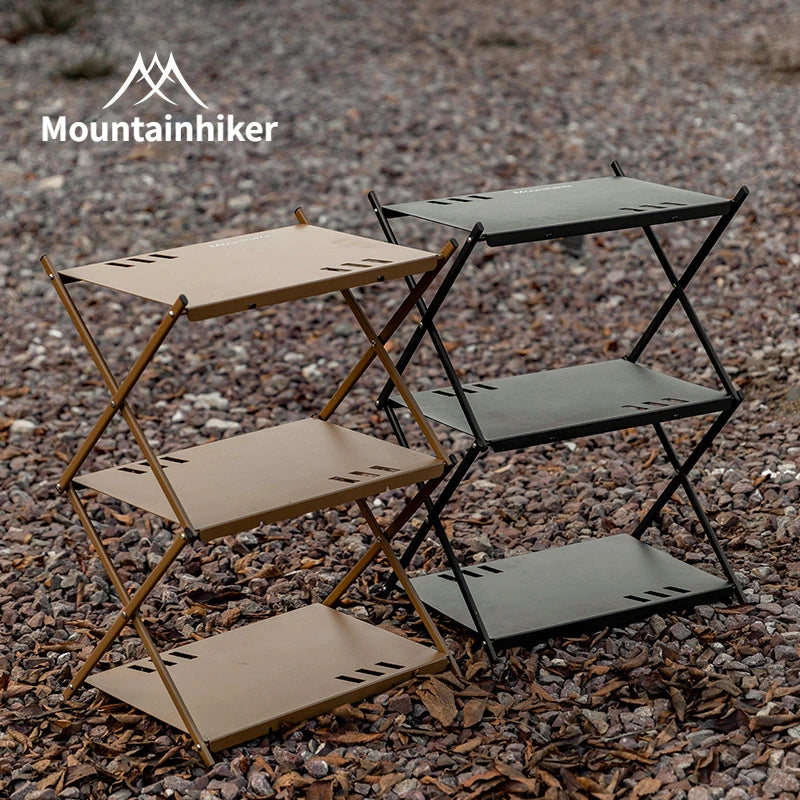 MOUNTAINHIKER Three-Tier Folding Rack – Portable Outdoor Storage Shelf for Camping, Picnic, BBQ & Garden Use