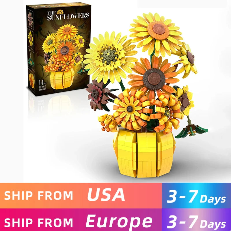 1009PCS Sunflower Building Blocks Set – Flower Bouquet Vase Model for Home Decor & Kids Educational Holiday Gifts