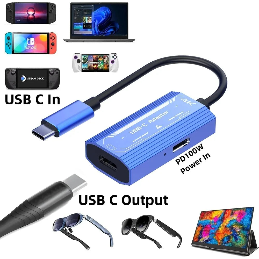 USB-C to USB-C 4K@60Hz Video Adapter – PD100W Display Converter for Laptop to XREAL, VITURE One & RayNeo AR Glasses Monitor