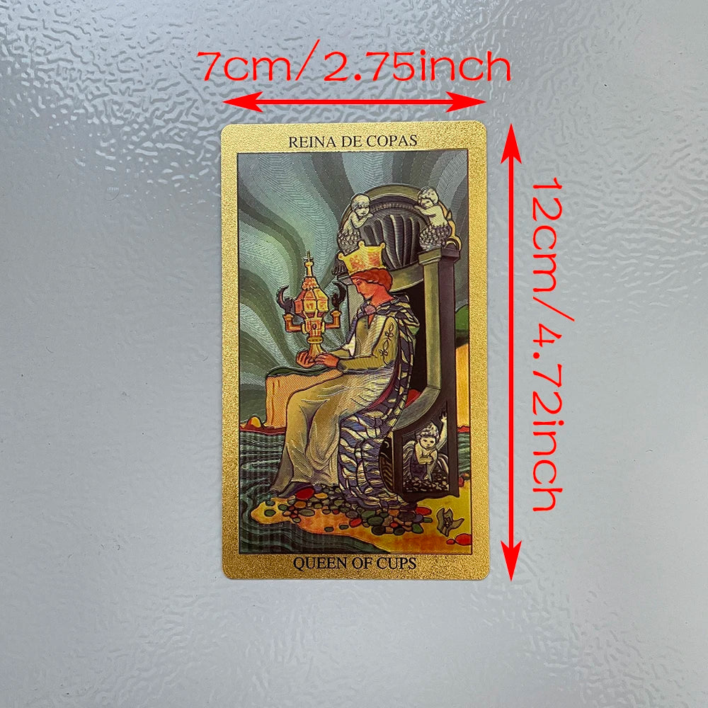 Spanish & English Golden Foil Tarot Deck – 12x7cm Prophecy Cards for Beginners with 2-Language Guidebook