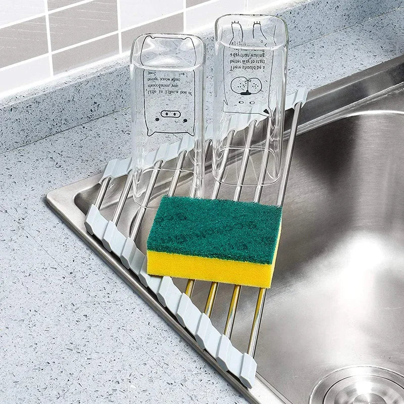 Roll-Up Triangle Dish Drying Rack – Foldable Stainless Steel Kitchen Sink Organizer, Sponge & Rag Holder