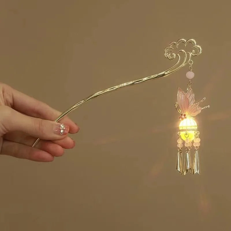 Luminous Lotus Flower Hairpin – Vintage LED Hair Stick with Lantern Tassel for Women and Traditional Hairstyles