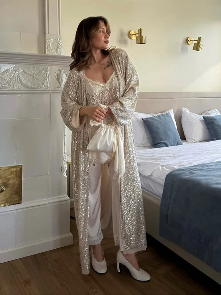 Women’s Sparkly Sequin Maxi Coat – Luxury Open Front Long Sleeve Outerwear