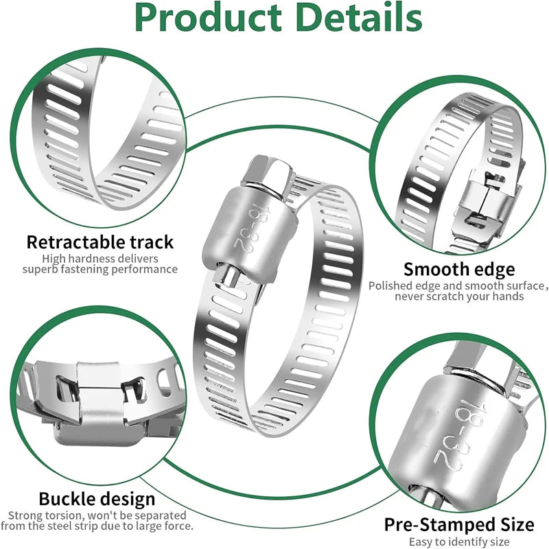 5–10PCS Stainless Steel Adjustable Hose Clamps – Worm Drive Fuel Line Clips, 8–152mm Adjustable Size for Plumbing & Automotive Use