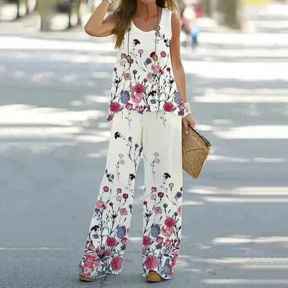 Women Printed 2-Piece Summer Suit Set – Sleeveless Round Neck Top & Wide Leg Pants Casual Loose Fit Outfit