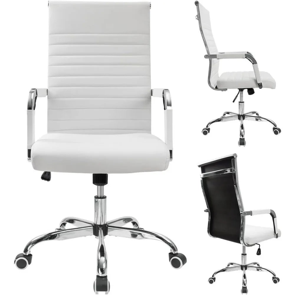 Ribbed Office Desk Chair – Mid-Back PU Leather Executive Swivel Chair with Adjustable Height & Arms for Conference & Task Use