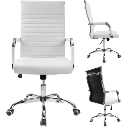 Ribbed Office Desk Chair – Mid-Back PU Leather Executive Swivel Chair with Adjustable Height & Arms for Conference & Task Use
