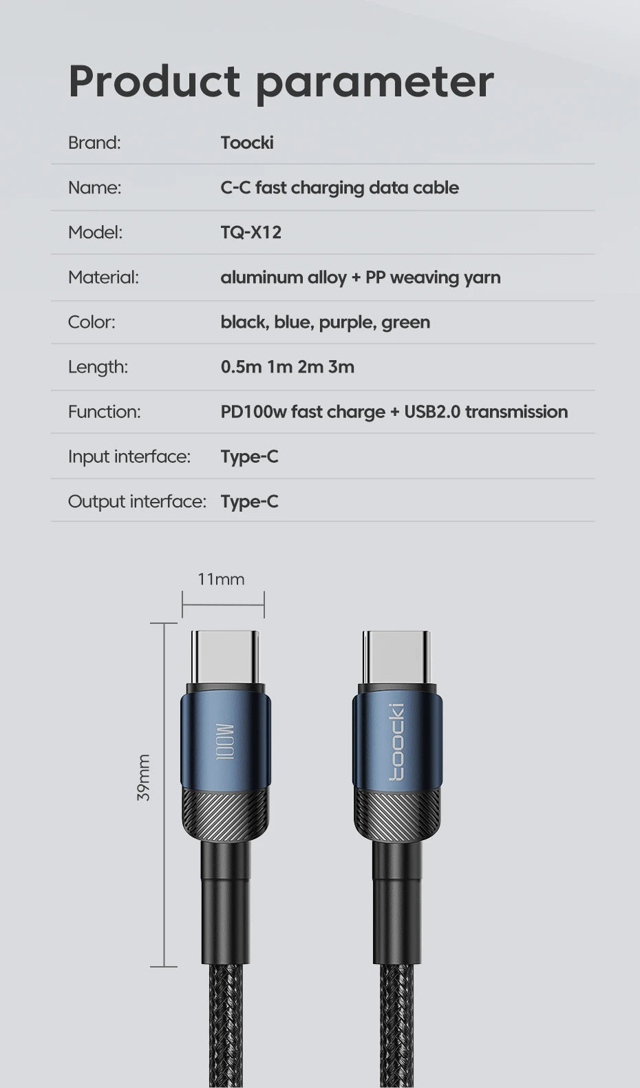 Toocki PD 100W/60W Type-C to Type-C Cable – Quick Charge 3.0 Fast Charging for iPhone 15, Huawei, Samsung, Xiaomi