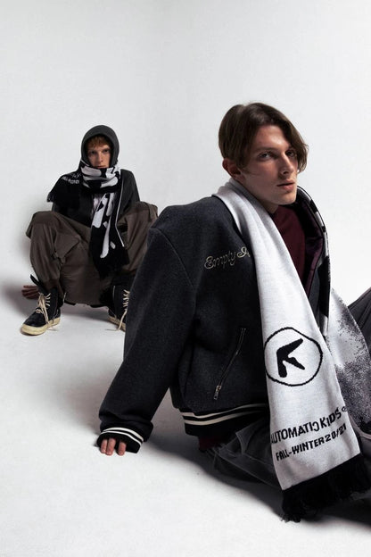 Men’s Y2K Black Knitted Scarf — Aphex Twin Goth Harajuku Streetwear Winter Shawl Unisex