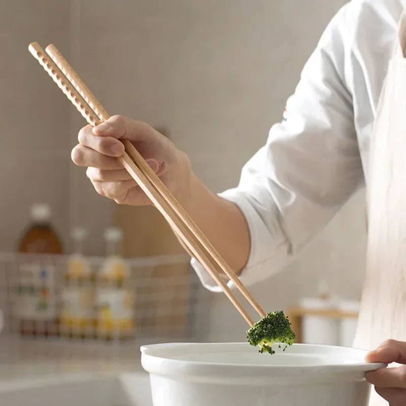 Japanese Extra Long Wooden Chopsticks – Polished Beech Wood, Anti-Slip for Fried Food & Noodles, Kitchen Cooking Tools