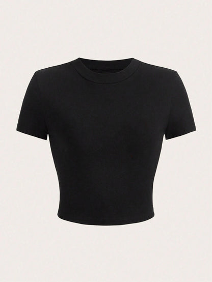 Y2K Women’s Solid Cotton Crop Top – Short Sleeve, High-Elastic O-Neck T-Shirt for Summer Streetwear & Sporty Fashion