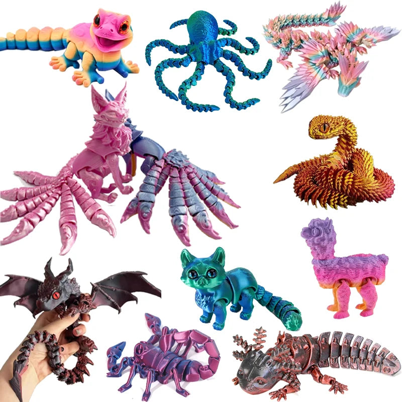 3D Printed Multi-Joint Dinosaur & Snake Fidget Toy – Movable Stress Relief Toy for Adults, Kids, Autism, and Desktop Decor