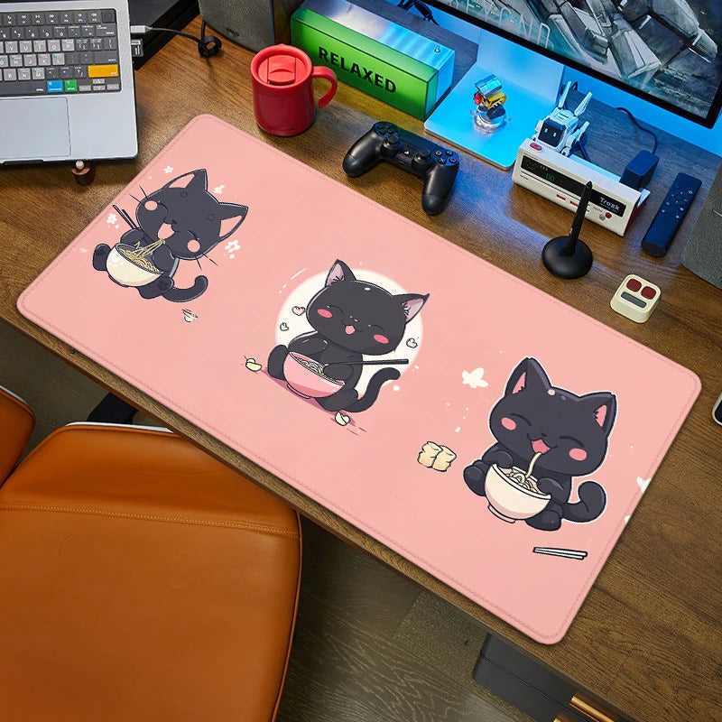 Black Cat Large Mouse Pad 90x40 — Kawaii Black & White Desk Mat for Computer & Office