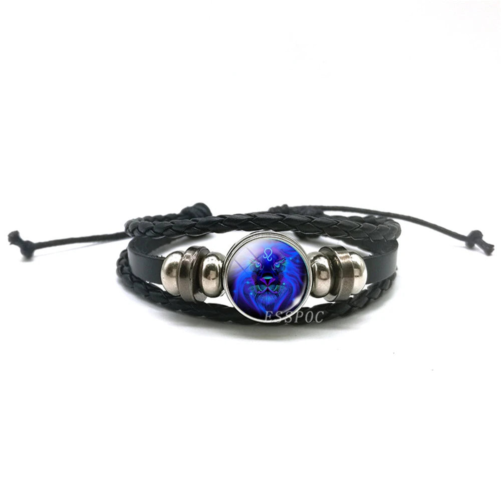 Men’s Zodiac Sign Leather Bracelet | 12 Constellation Black Braided Wrap | Punk Style Multilayer Bracelet for Birthday Gifts