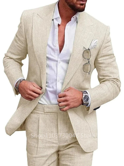 Men’s Linen Wedding Suit — Light Blue/Beige Casual Slim Fit Blazer & Pants, High-Quality Summer Two-Piece Set