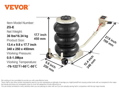 VEVOR Pneumatic Air Jack – 3 Ton/5 Ton Triple Bag Quick Lift Heavy Duty Car Repair Jack with Folding Rod & Two Wheels