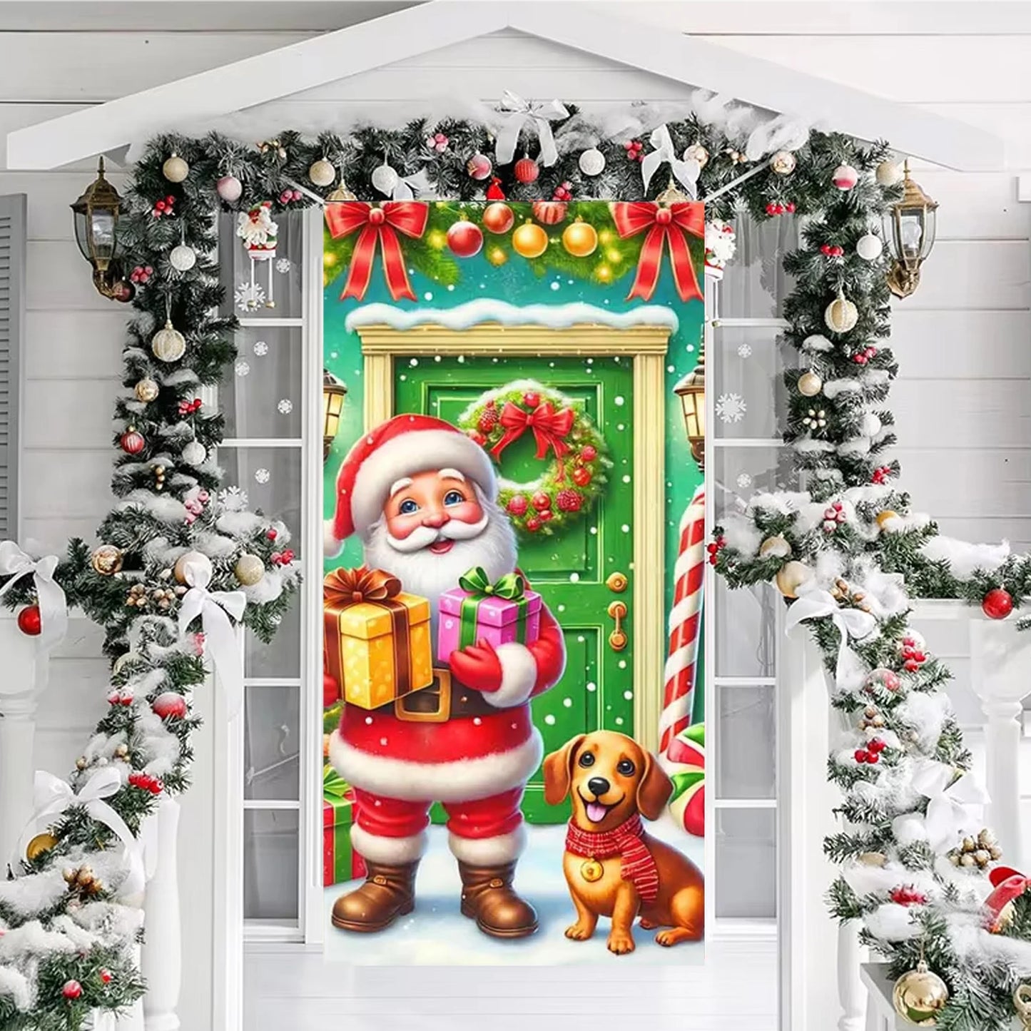 Cute Animals Christmas & New Year Door Cover – Dog, Cat, Snowman, Gingerbread Man Holiday Outdoor Winter Decoration Gift