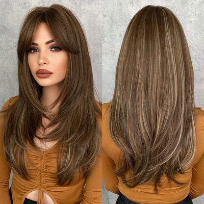 7JHH Honey Blonde Wig with Bangs - Long Brown Layered Heat Resistant Synthetic Wig for Women, Daily Use