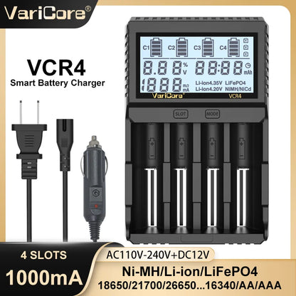 VariCore VCR4/VCP4 LCD Smart Battery Charger – Capacity Tester for 3.7V Li-Ion (18650, 21700, 26650), 3.2V LiFePO4 (32700), and 1.2V Ni-MH (AA/AAA)