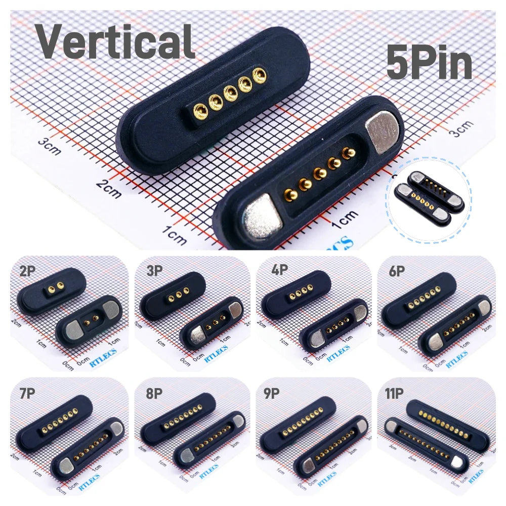 3A Magnetic Pogo Pin Connector - 2–11 Pin Spring-Loaded Male/Female Contact Strip, 2.2mm Pitch