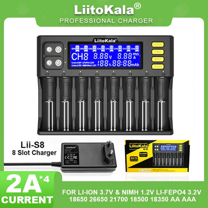 LiitoKala Lii-S12/Lii-S8 Battery Charger – LCD 18650, 21700, 26650, 26700, 20700, 18350, 9V IMR, NiMH/Cd, AA & AAA Rechargeable Batteries