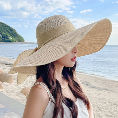 Women's Bow Straw Beach Hat - Oversized Wide Brim Summer Sun Protection Hat
