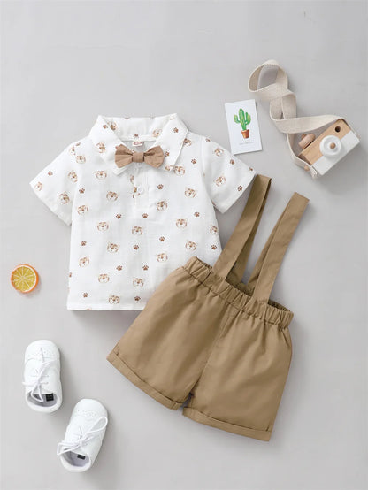 Infant Boy Outfit – Tiger Print Short Sleeve Shirt & Strap Shorts with Bow, Casual Birthday Party Suit (0-2 Years)