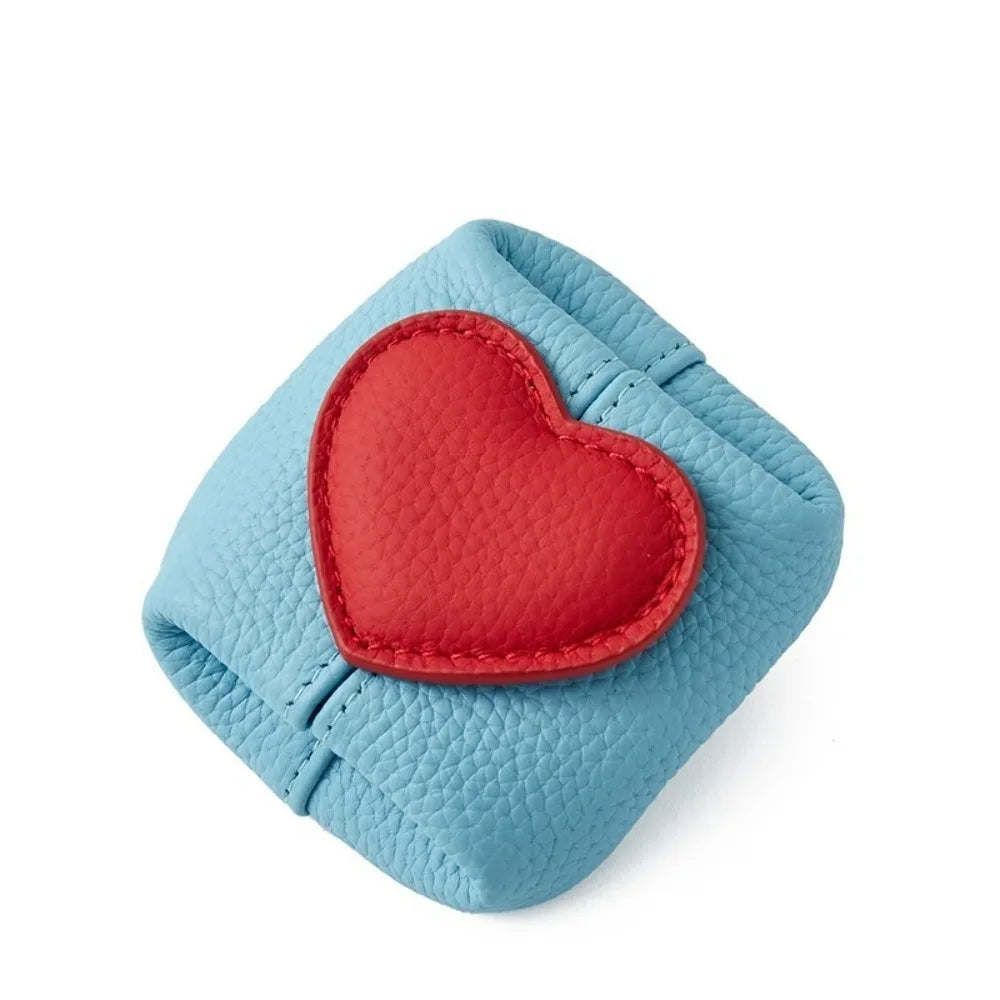 Casual Solid Color Cowhide Coin Purse – Love Heart Square Multi-Function Small Bag for Coins, Earphones & Gifts