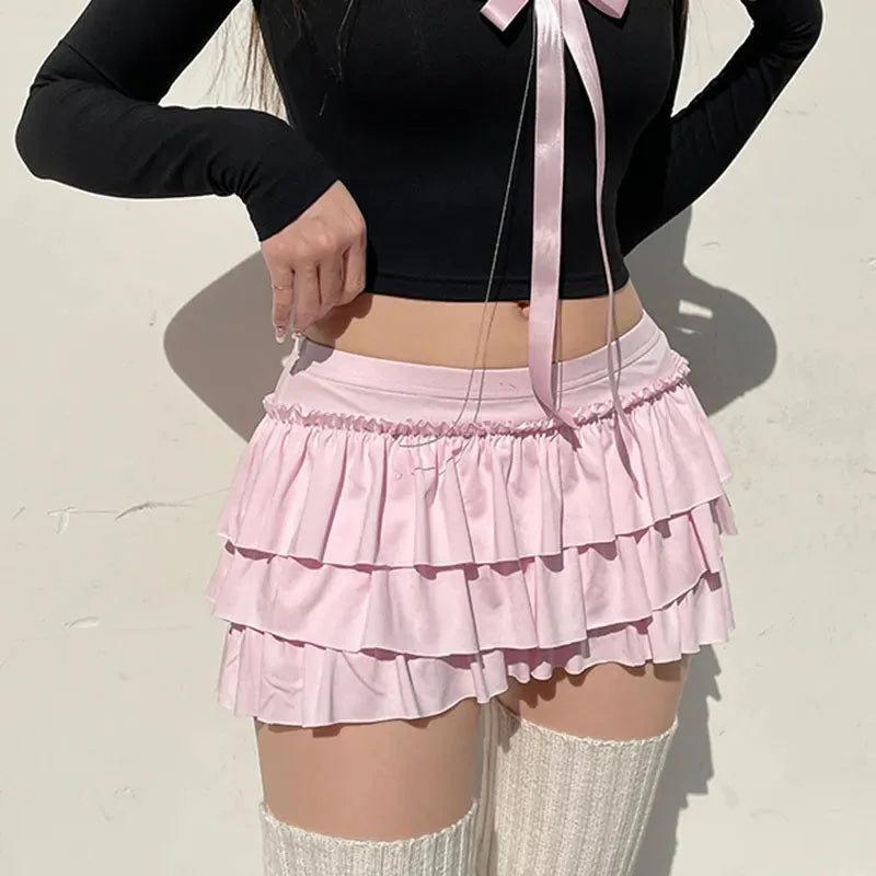 Women’s Bow A-Line Mini Skirt — Sexy Slim Low-Waist Casual Y2K Skirt, Summer Fashion Streetwear in Pink