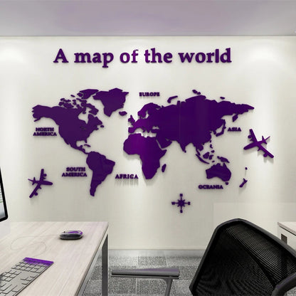 3D Acrylic World Map Wall Stickers – Three-Dimensional Mirror Decals for Bedroom & Office Decoration