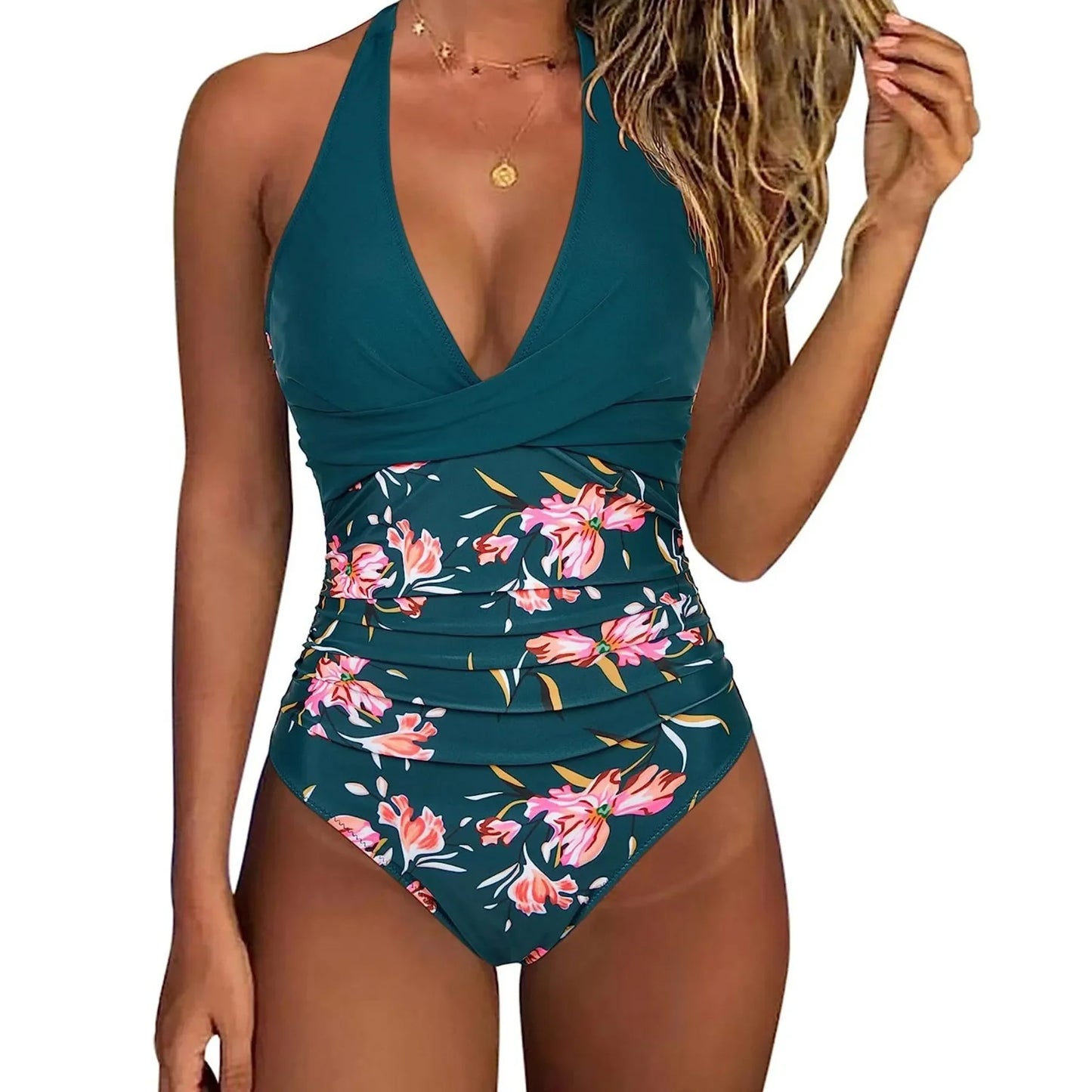 Women’s Wrinkled Halter V-Neck One-Piece Swimsuit – Backless Monokini Bathing Suit, Swim Beachwear Bodysuit S-XXL
