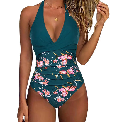 Women’s Wrinkled Halter V-Neck One-Piece Swimsuit – Backless Monokini Bathing Suit, Swim Beachwear Bodysuit S-XXL