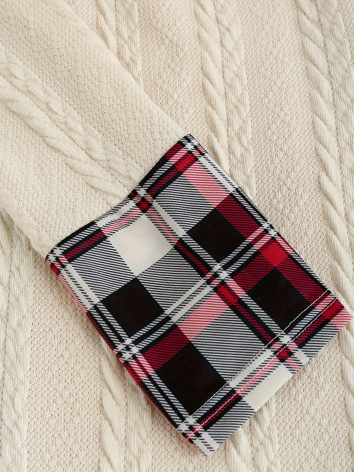 Knitted Hooded Plaid Dress - High Waist A-Line Long Sleeve Dress with Faux Buckle Detail for Women