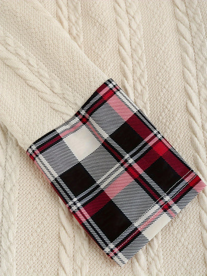 Knitted Hooded Plaid Dress - High Waist A-Line Long Sleeve Dress with Faux Buckle Detail for Women