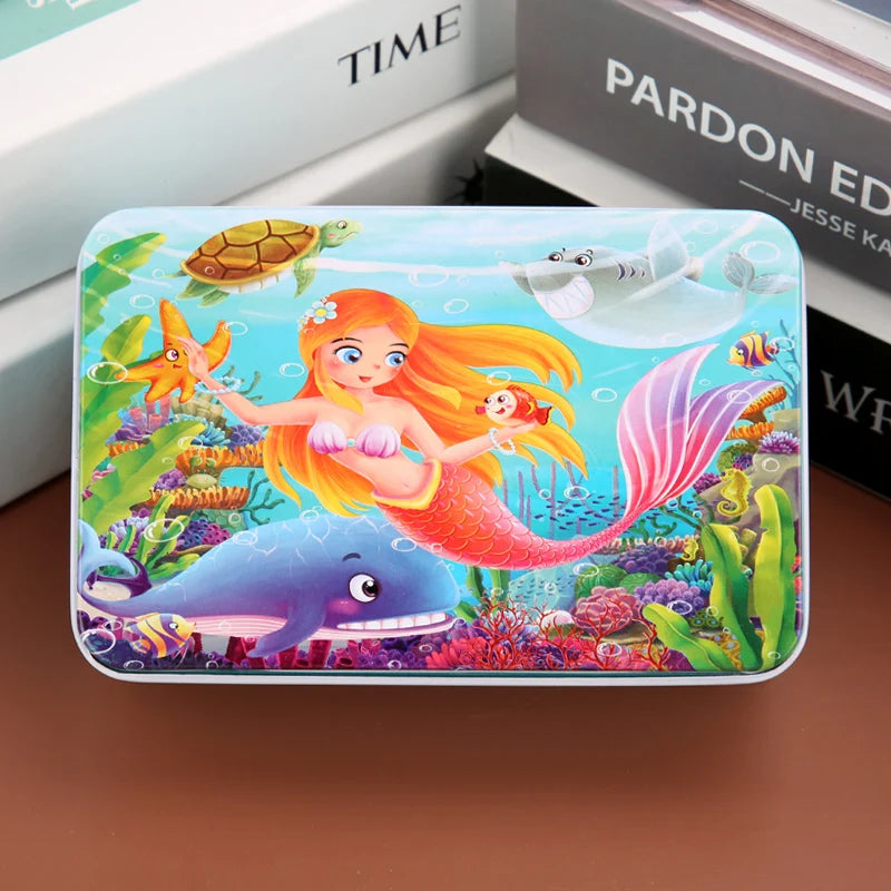 60PCS Cartoon Jigsaw Puzzle with Metal Box – Kids Educational Animal & Vehicle Puzzle Game