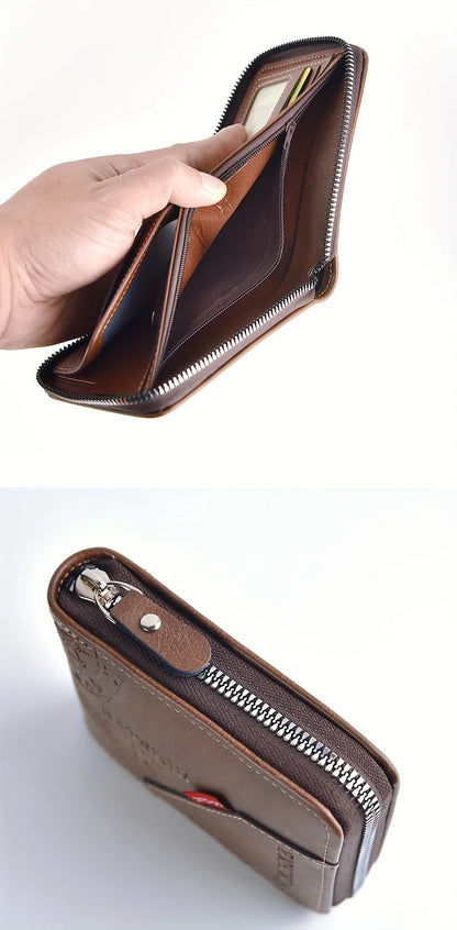 Men's PU Wax Oil Skin Wallet – Short Card Holder & Coin Purse with Zipper Around for Men
