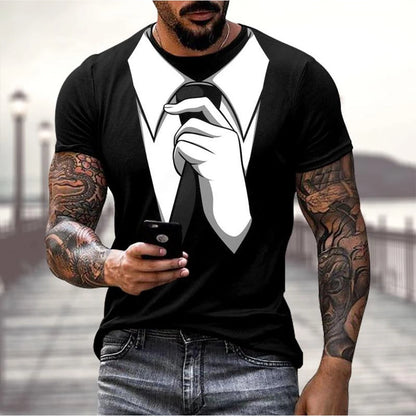 3D Fake Suit T-Shirt - Funny Tailcoat & Bow Graphic Summer Casual Tee