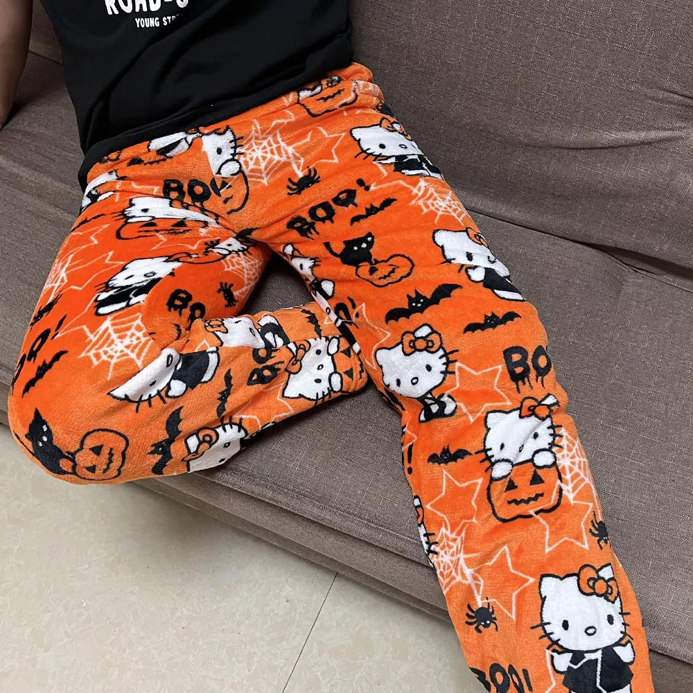 Sanrio Hello Kitty Flannel Pajamas - Women's Warm Woolen Cartoon Casual Home Pants, Black Autumn Winter Fashion Trousers
