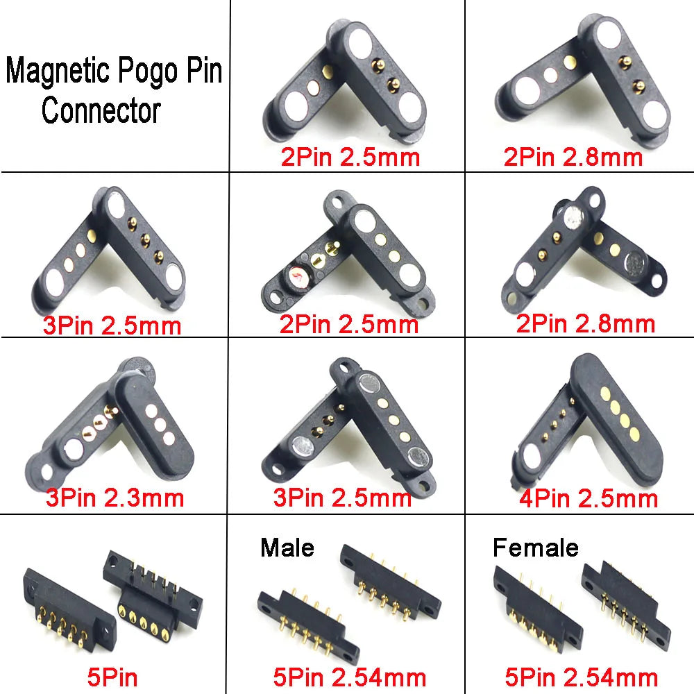 2A Magnetic Pogo Pin Connector - 2–5 Pin Spring-Loaded Male/Female DC Power Socket, 2.3/2.5/2.8mm Pitch