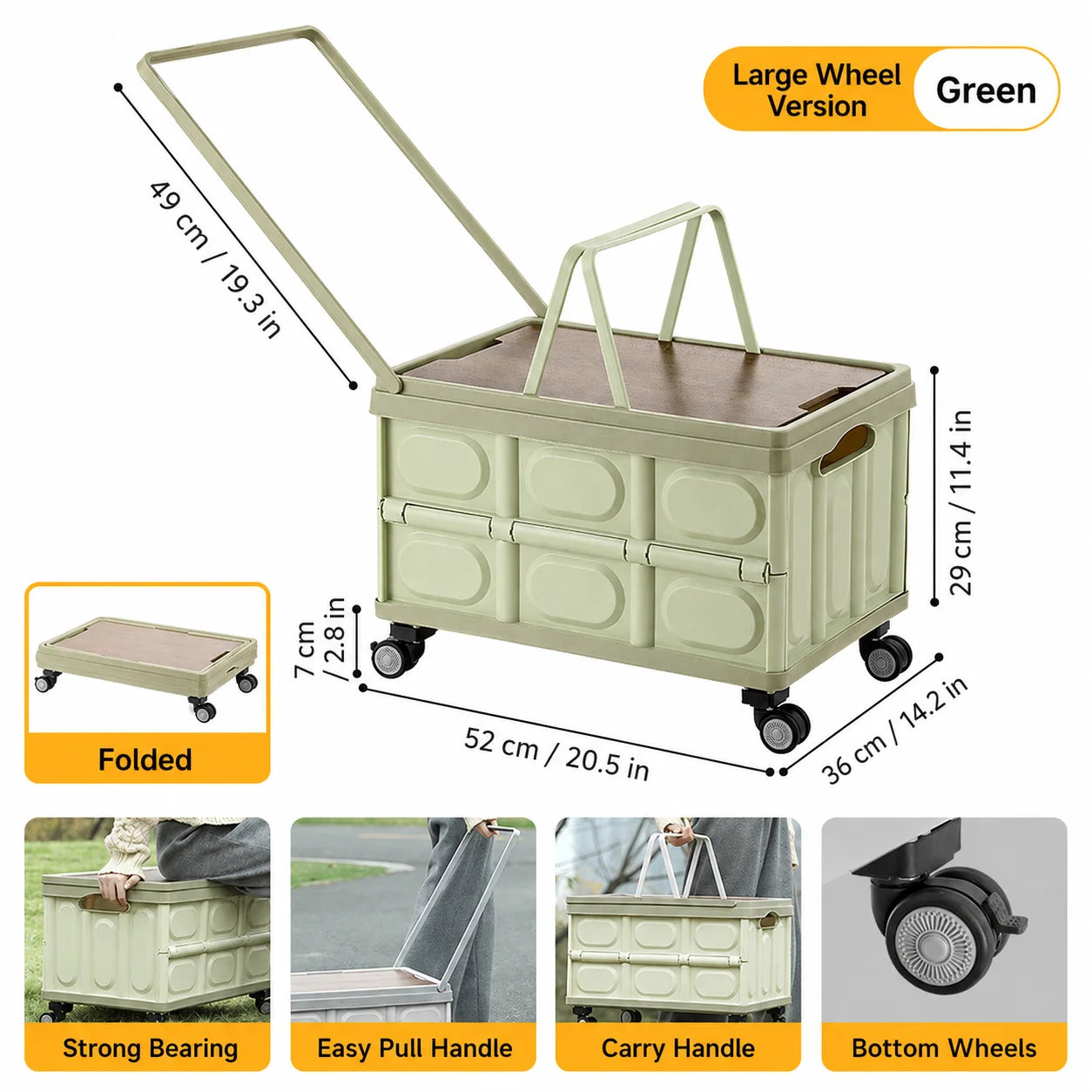 Foldable Storage Box with Wheels - Camping Gear Organizer with Wooden Lid for Car Trunk & Outdoor Use