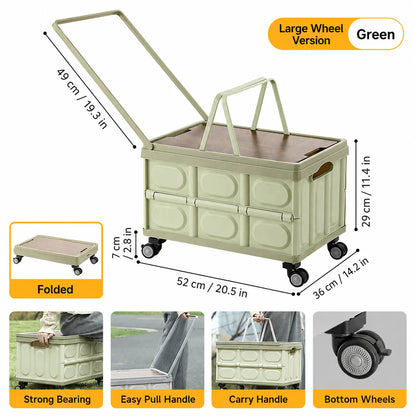 Foldable Storage Box with Wheels - Camping Gear Organizer with Wooden Lid for Car Trunk & Outdoor Use