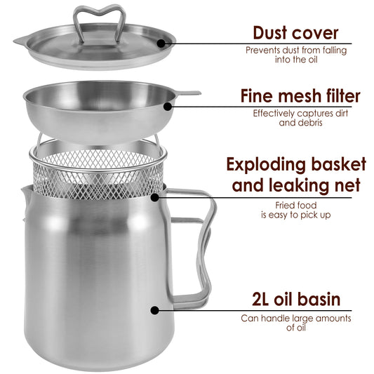 2L/1.5L Stainless Steel Oil Filter Fry Basket – Fine Mesh Strainer Pot for Oil Storage and Kitchen Grease