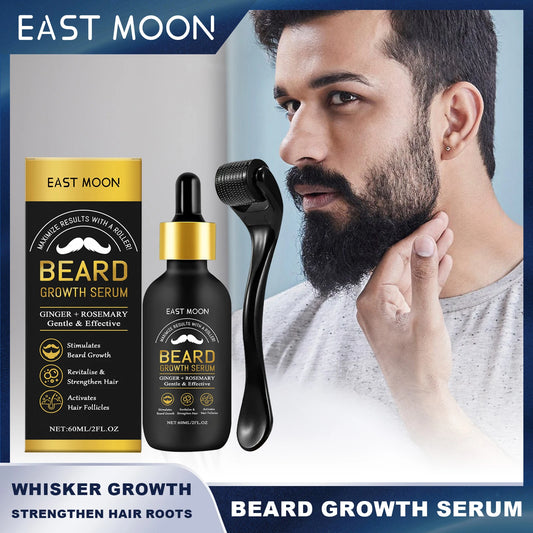 East Moon Beard Growth Serum Set – Hair & Whisker Growth Oil for Strengthening Roots, Moisturizing Skin & Softening Beard Care Hydration Treatment