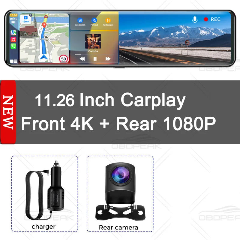 OBDPEAK K4 11.26" Rearview Mirror Dash Cam - 4K 3840x2160P, CarPlay, Android Auto, WIFI, GPS Navigation, Video Recorder