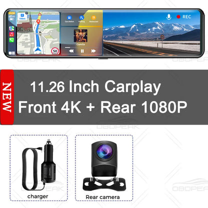 OBDPEAK K4 11.26" Rearview Mirror Dash Cam - 4K 3840x2160P, CarPlay, Android Auto, WIFI, GPS Navigation, Video Recorder