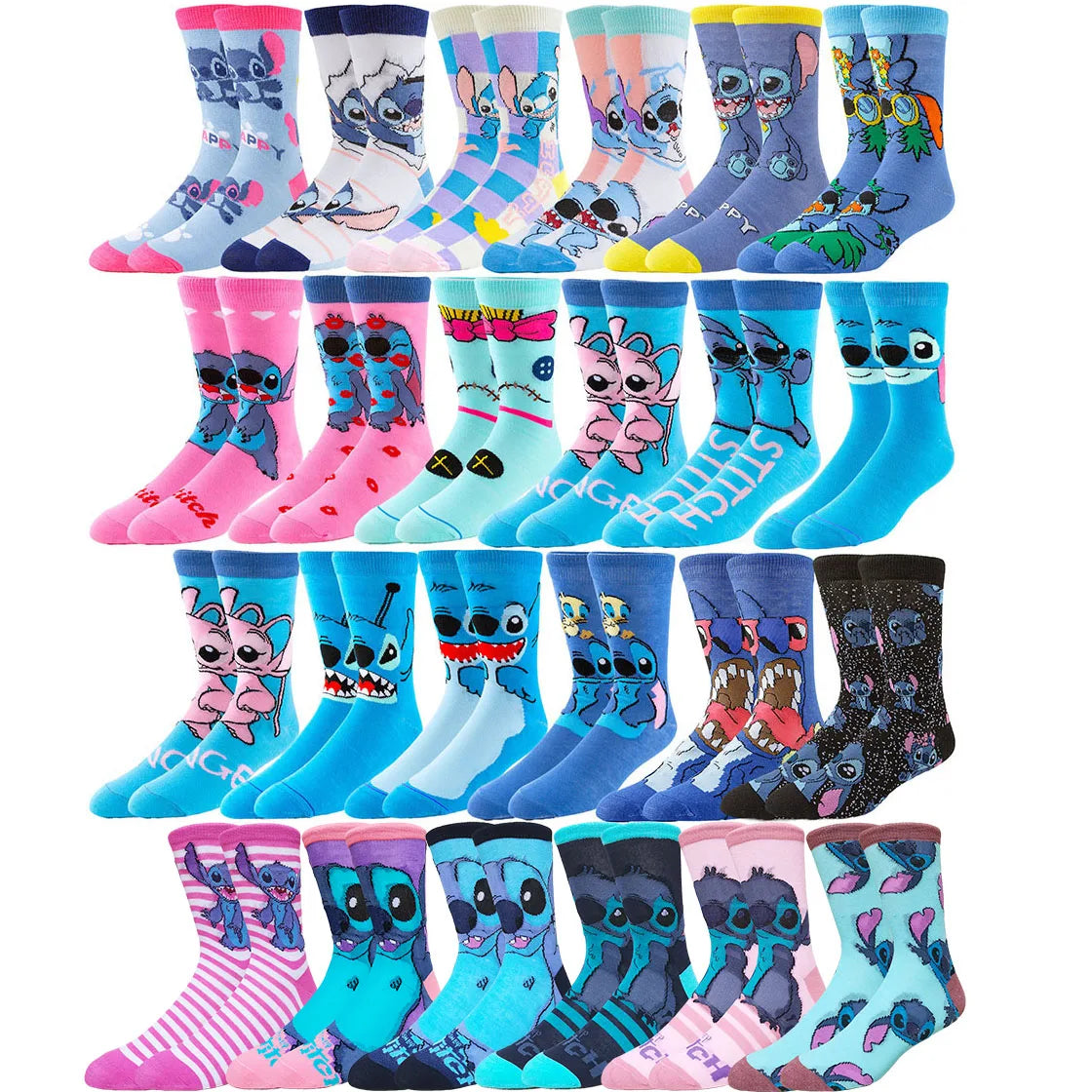 5/6 Pairs Miniso Disney Lilo & Stitch Socks – Hip Hop Street Style Anime Crew Socks for Men and Women, Novelty Cute Casual Socks