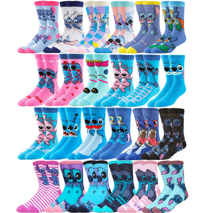 5/6 Pairs Miniso Disney Lilo & Stitch Socks – Hip Hop Street Style Anime Crew Socks for Men and Women, Novelty Cute Casual Socks